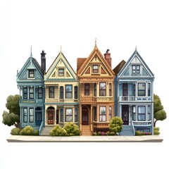 Fototapeta premium Colorful Victorian Houses Row with Charming Architectural Details and Lush Landscaping in a Bright Neighborhood Setting