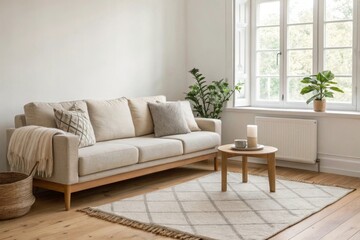 A realistic view of a cozy Scandinavian living room corner a light wood modern sofa with neutral throw pillows, a wool rug, a minimalist coffee table, and a potted plant by the window.
