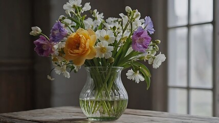 Still life bouquet of spring flowers in a glass vase on wooden table