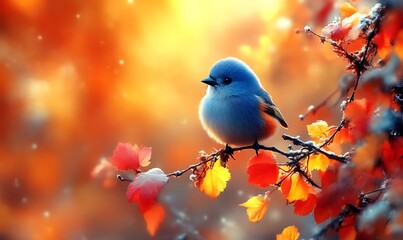 Obraz premium Blue Bird Perched on Branch with Autumn Leaves in Warm Sunlight