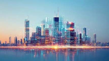 Fototapeta premium Futuristic cityscape with glowing digital network connections.