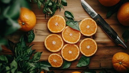 Sliced oranges knife and green leaves on a wooden surface.