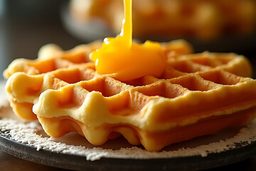 Drizzling syrup on freshly made waffles cozy kitchen food photography warm atmosphere close-up shot