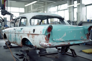 Classic car undergoing restoration with robotic arm assistance in professional auto body shop