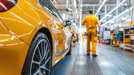 Car factory worker walking along the assembly line, inspecting a newly manufactured yellow vehicle as part of the production process