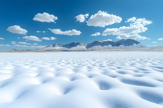 Expansive Snowy Desert Landscape with Snow-Capped Mountains and Cloudy Blue Sky