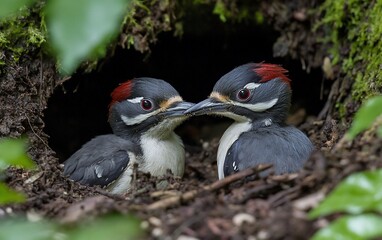 Naklejka premium Two woodpeckers in a tree hole, with red head feathers, preening each other