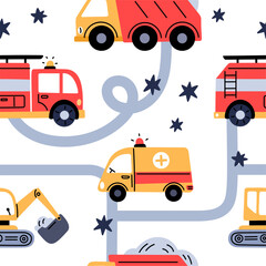 Transport toys seamless pattern. Kids traffic elements, color cars, excavators and fire trucks, boys game elements. Decor textile, wrapping paper, wallpaper. Print garish vector background