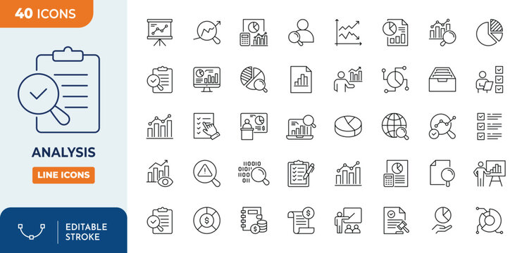 Analysis icons set. Containing analysis, infographic, analytics, balance, charts, report, and more. Outline Icon Collection. Vector illustration. Editable stroke	