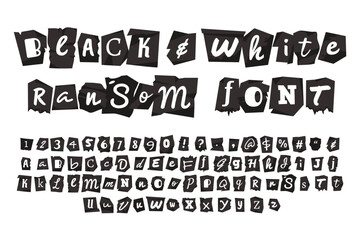 Ransom collage black white font. Letters, numbers on paper scraps, newspapers pieces, anonymous note design, cut out style, silhouette isolated fragments, english typescript tidy vector set