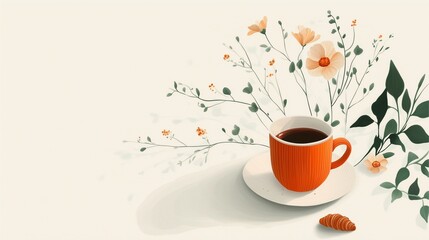 Coffee and Croissant Still Life, Morning Coffee Break, Cozy Coffee Scene, Coffee with Flowers, Coffee and Pastry, Coffee, Croissant, Still Life, Morning, Cozy, Break, Flowers, Pastry, Drink, Food, 