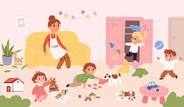 Naughty children with bad behavior in room. Tired mom or babysitter, kids break toys, making mess, active games. Babies breaking and spoiling home, garish vector cartoon isolated concept