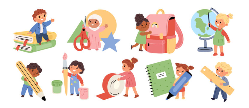 Little students. Back to school kids hold stationery elements, happy boys and girls with textbooks, pencils and scissors, pupil with huge backpack, garish vector cartoon flat isolated set