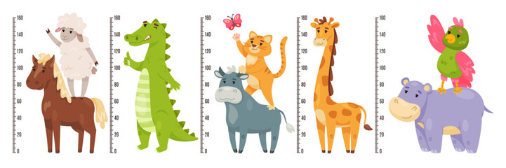 Kids growth rulers. Funny measuring scales, wall meters with cute high animals and birds, centimeter chart, crocodile and giraffe, typographic design, cartoon flat isolated recent vector set