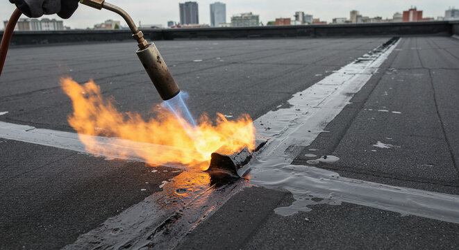 A flat roof&rsquo;s edge being sealed with a propane torch and membrane photography, Fixing a Roof 