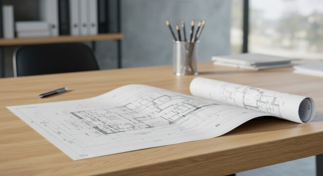 Architectural Blueprint Spread on Wooden Desk: Modern Office Design and Planning