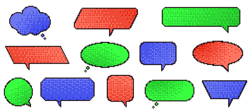 Color pixel speech bubble. Retro video game graphic, text boxes, message balloons, phrase frames, 8 bit design elements, isolated colorful communication or comment form, nowaday vector set