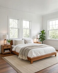  A realistic shot of a minimalist Scandinavian bedroom white linens on a low wooden platform bed, a neutral throw blanket, matching bedside table with a table lamp and potted plant.