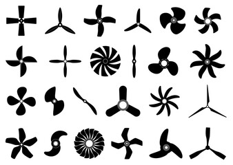 Boat and air propellers icons. Aircraft turbines silhouettes, rotor ventilators, marine screws, ship motor black elements, technology rotor symbol, electric fan, qualitative vector isolated set © YummyBuum