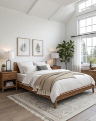  A realistic shot of a minimalist Scandinavian bedroom white linens on a low wooden platform bed, a neutral throw blanket, matching bedside table with a table lamp and potted plant.
