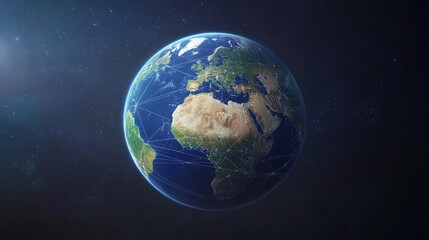 Obraz premium A nighttime view of Europe and Africa serves as the base for a celestial network of stars and connecting lines, which embody global communication networks