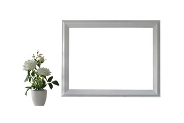 white frame and rose flowers in vase isolated on white background. interior decor