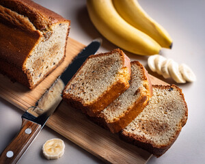 Sliced banana bread on a cutting board with knife