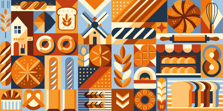 Geometric bread and pastry pattern, featuring wheat and bakery symbols in retro color palette of orange, blue, cream and brown. Vector abstract mosaic background for baking and artisanal food culture