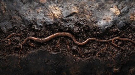 Fototapeta premium rich dark soil with visible worms and plant roots .