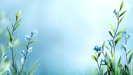 Naklejka premium Serene blue spring scene with delicate blooming flowers and verdant leaves