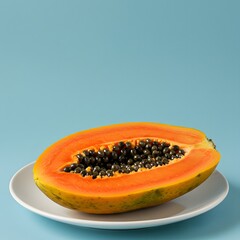 Ripe Papaya Half on White Plate Against Light Blue Background