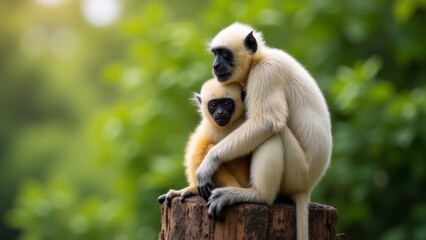 Obraz premium Lar Gibbon Pair Hugging on Stump