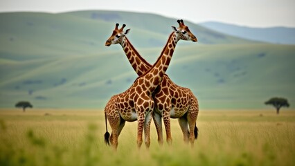 Obraz premium Two Giraffes Standing Crossed In Savannah