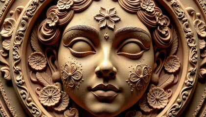 Naklejka premium Intricate floral pattern etched on a clay face, design, detail