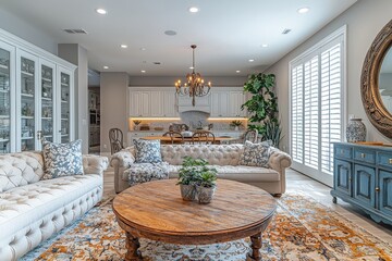 Cozy dining room with white shutters, floral print, vintage chandelier, and a warm, inviting atmosphere with natural daylight, featuring a sofa, table, and blue vanity.