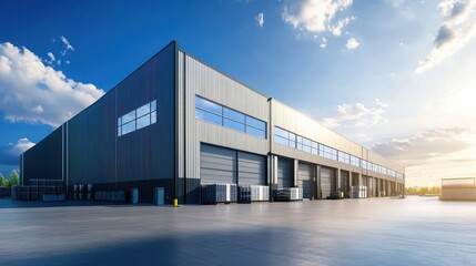 Modern industrial warehouse exterior with large solar panels and blue sky, innovation solar panel renewable energy infrastructure in storage industry building environmentally.