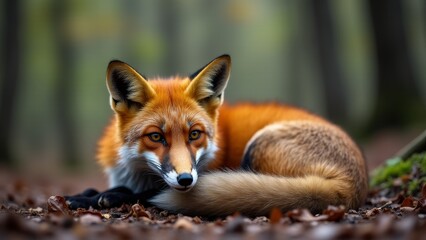 Fototapeta premium Resting Red Fox In Autumn Forest