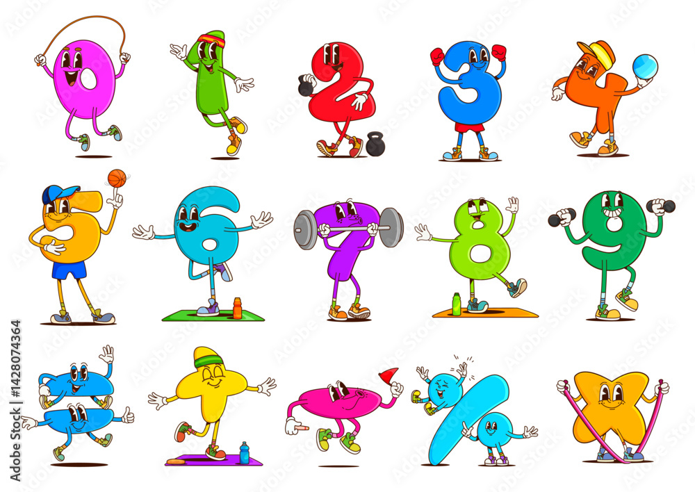 Aufkleber Math number and symbol groovy characters doing sport exercises and activities. Funny retro mathematics education vector personages playing sport games. Groovy hippie color number or numeral characters