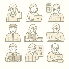 Elderly workers illustrating various jobs in flat design style  