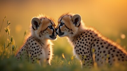 Obraz premium Two Cheetah Cubs Touching Noses Outdoors