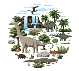 8bit pixel prehistoric dinosaurs and Jurassic lizards in jungle forest, vector dino characters. Cartoon 8 bit pixel dinosaurs, reptiles and giant lizards with pterodactyl in prehistoric jungle forest © Vector Tradition