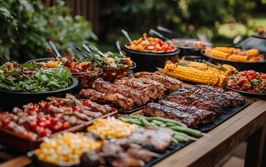 Abundant summer grilling buffet spread with various sides and grilled meats