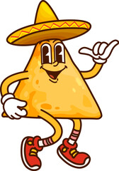 Cartoon groovy Mexican nachos chip character wearing a sombrero and sneakers, making a playful shaka gesture. Isolated vector tex mex snack food personage embodying a festive and lively fiesta vibe