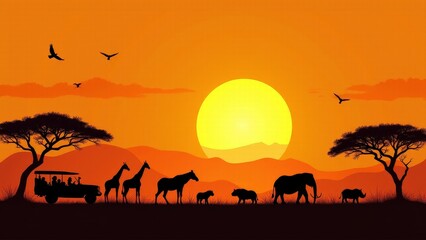 Fototapeta premium African Wildlife Silhouette At Sunset Landscape