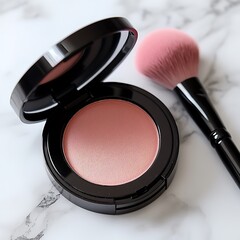 Close-up of a blush compact with a brush on a marble surface, showcasing beauty products