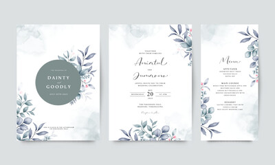 Beautiful wedding invitation card template set with leaves decoration
