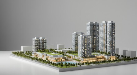 Architectural Model of Modern Residential Complex with Swimming Pool and Landscaping
