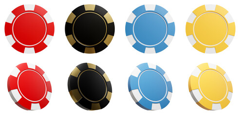 Red, Black., Blue, Yellow, Gold, casino and poker chip isolated ond white background, 3d render