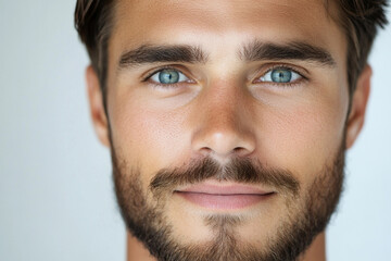 Obraz premium Detailed portrait of a man with clear skin and neat eyebrows, minimalist white background