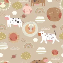 Gordijnen Naadloze herfst Pattern with hand drawn cute cows, rainbows,  clouds and planets,  on pastel background. Vector illustration for kids, seamless pattern.  © Юлия Ткачук